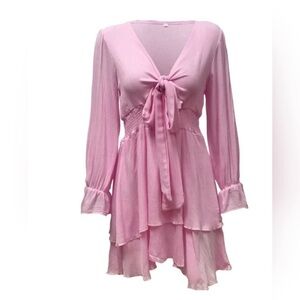Pink Tiered Chiffon Mid Sleeve With Front Tie Mini Dress